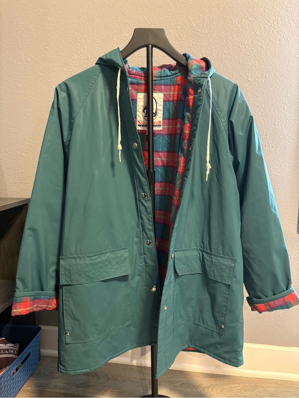 Sailmaker Teal Hooded rain coat/Jacket with Red Plaid Lining